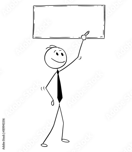 Cartoon stick man drawing conceptual illustration of businessman writing text on empty blank text sign.
