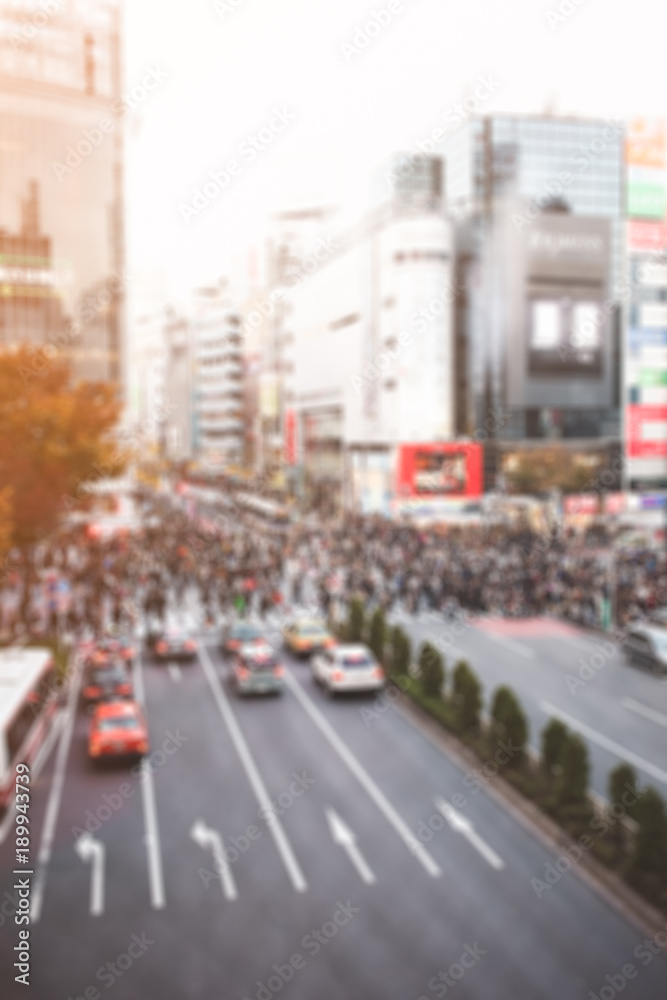 Blurred photo of Tokyo, Japan Road view of Shibuya Crossing, one of the busiest crosswalks in the world.