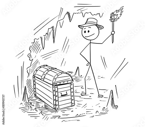 Cartoon stick man drawing illustration of adventure man who found a treasure chest in cave.