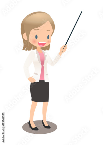 指示棒を使って説明するスーツ姿の若い女性会社員