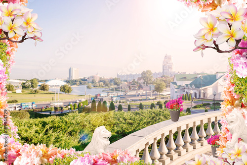 Digital fresco with old balcony. White columns and the lion statues. Morning cityscape with sunshine. photo