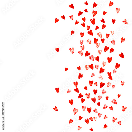 Fototapeta Naklejka Na Ścianę i Meble -  Valentines day heart with red glitter sparkles. February 14th day. Vector confetti for valentines day heart template. Grunge hand drawn texture. Love theme for voucher, special business ad, banner.