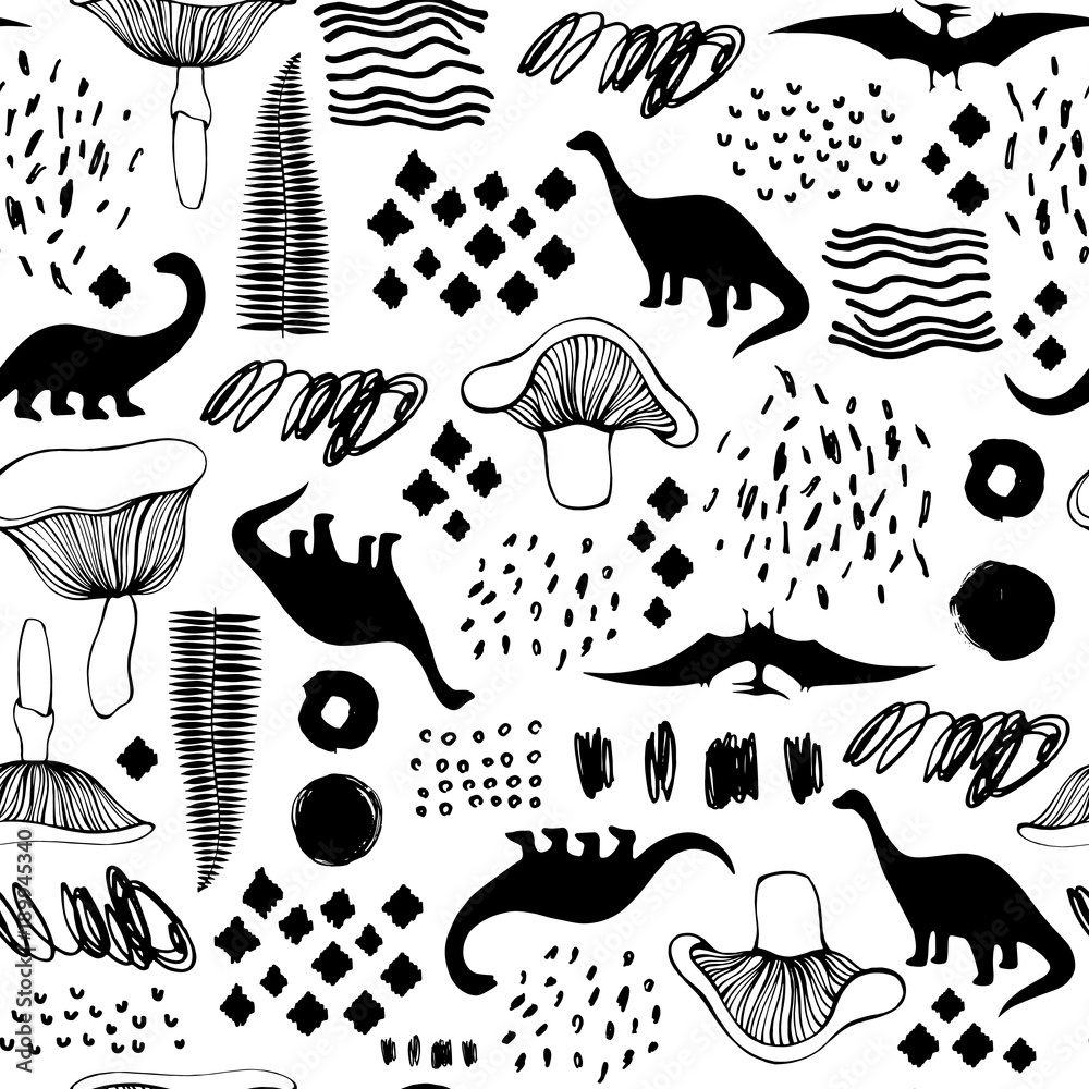 Obraz premium Seamless pattern with cartoon dinosaurs. For cards, party, banners, and children room decoration.