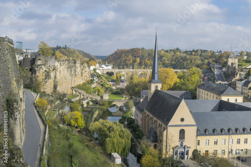 Detail of famous Luxembourg city line in cold sunny day in November with church of St. John, Luxembourg.