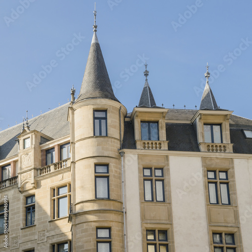 Small towers on top of Chamber of Deputies building in historical center of Luxembourg city.