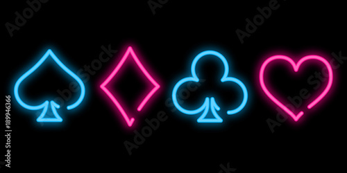 Neon colored symbols deck of cards for playing poker and casino on black background. Vector illustration.
