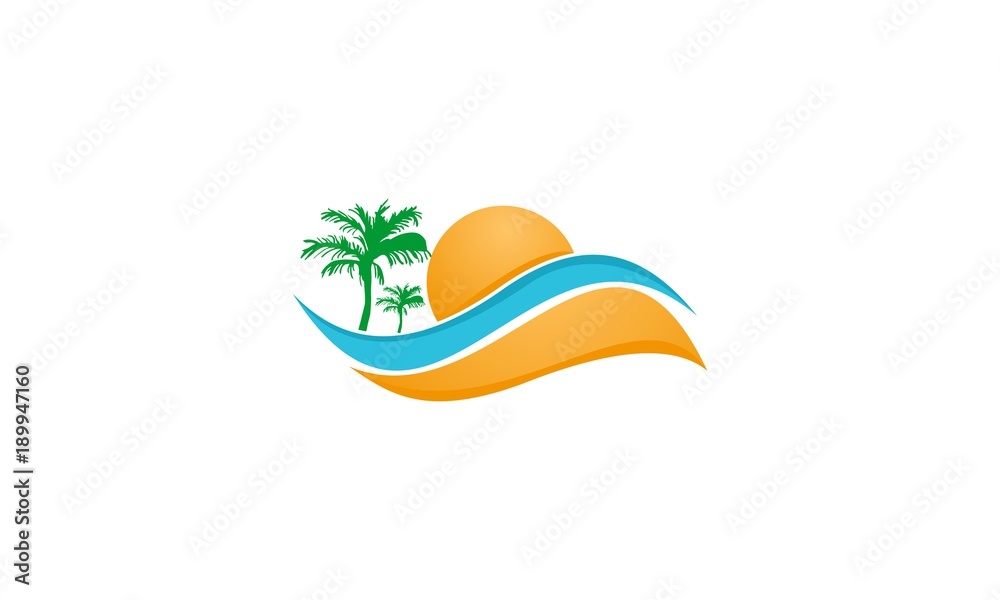 Beach logo design Vector, tropical island with palm trees logo template design vector Beach logo design Vector, tropical island with palm trees logo template design vector