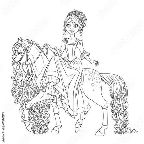 Cute princess on horse with a long mane outlined isolated on a white background