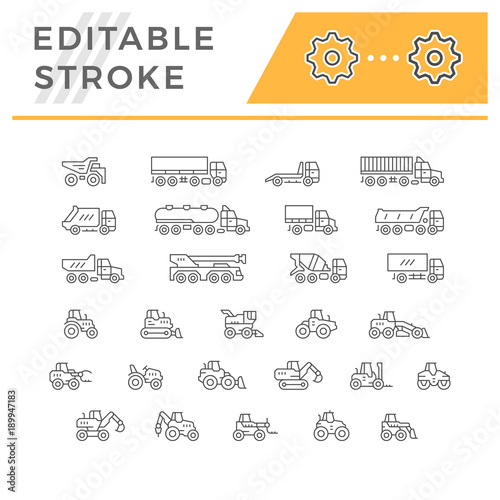 Set line icons of trucks and tractors