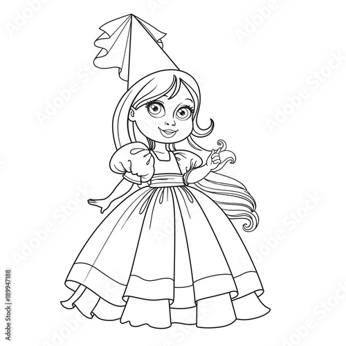 Little princess in a ball dress with long hair outlined isolated on a white background