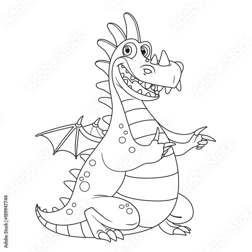 Cheerful dragon with little wings points aside outlines for coloring isolated on white background