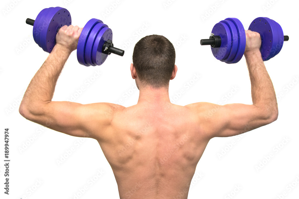 Man is engaged in fitness, view from the back, isolated