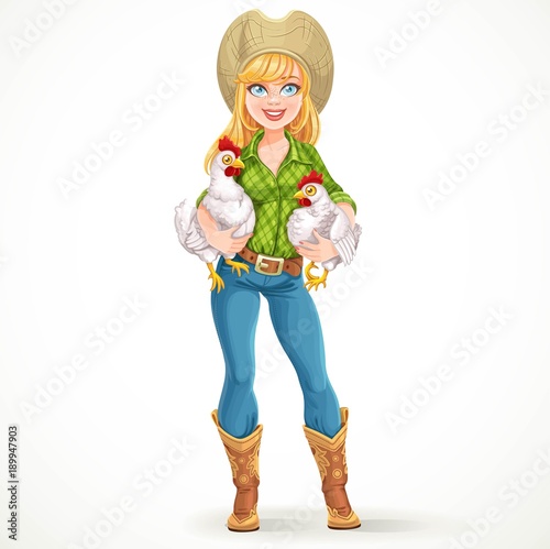 Beautiful girl farmer holds two chickens under the armpits isolated on white background