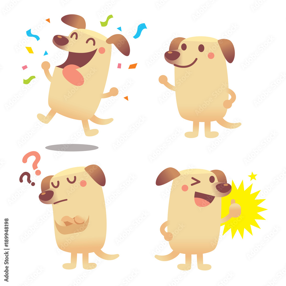 Vector set of cute Labrador dog character in different actions, emotions isolated on white background.