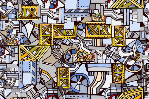 Vector seamless pattern with decorative industrial or machine elements. Abstract technical background. Hand drawn.