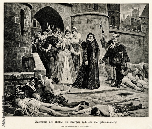 Catherine de Medici gazing at Protestants massacred in the aftermath of the massacre of St. Bartholomew; by Debat-Ponsan, 1880 (from Spamers Illustrierte Weltgeschichte, 1894, 5[1], 536/537)