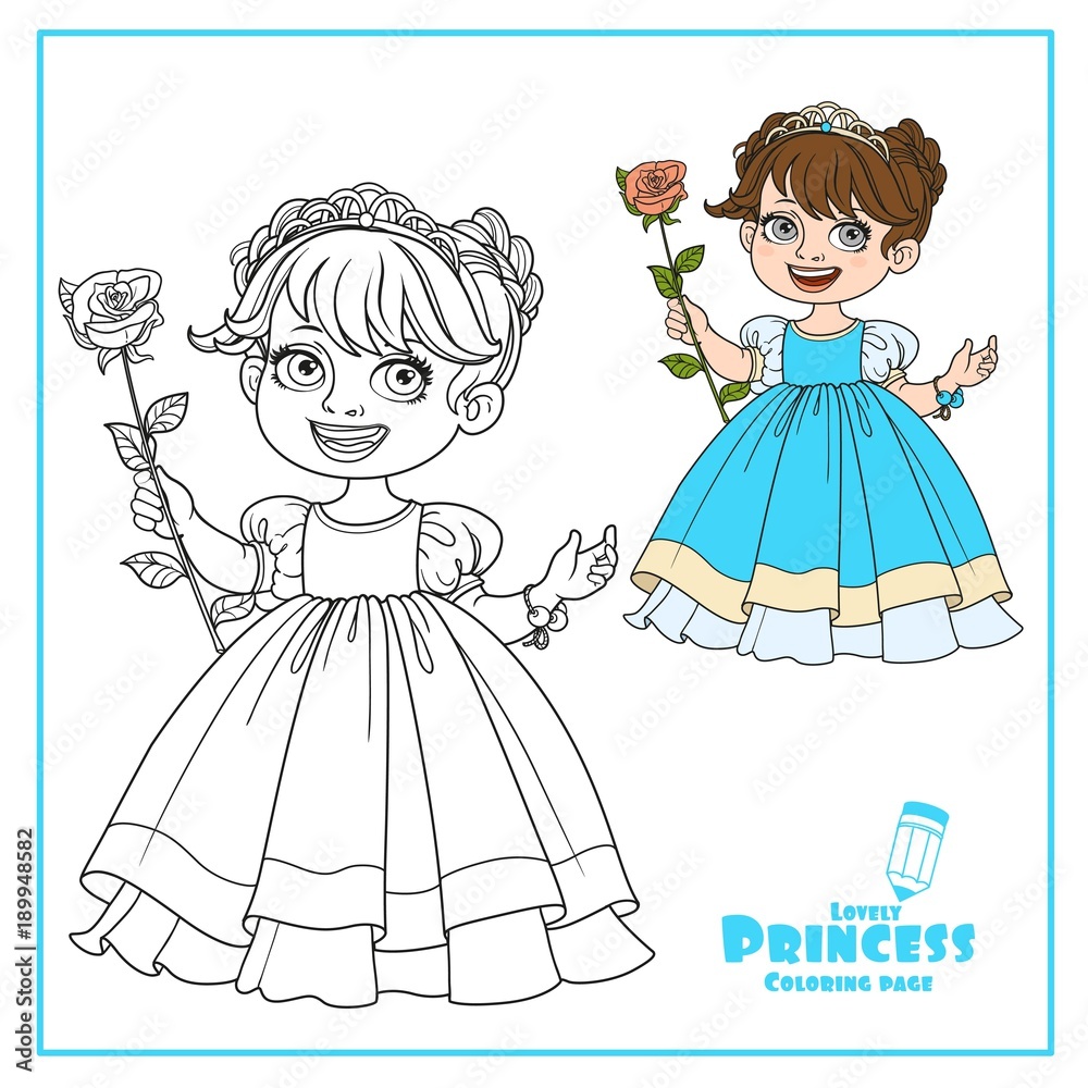 Fototapeta premium Little cute princess in tiara with beautiful rose on a long stalk color and outlined isolated on a white background