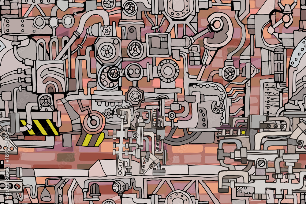 Obraz premium Vector seamless pattern. Abstract industrial factory, vintage technology or steampunk background with fantasy machines on brick surface. Hand drawn.