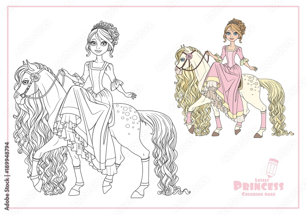 Cute princess on horse with a long mane color and outlined isolated on a white background