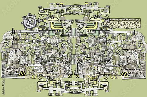 Vector abstract industry or steampunk background. Technology or factory illustration with decorative industrial sketch elements. Vintage linear style concept. Hand drawn.