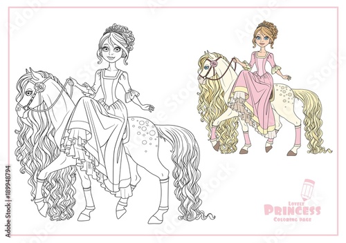 Cute princess on horse with a long mane color and outlined isolated on a white background