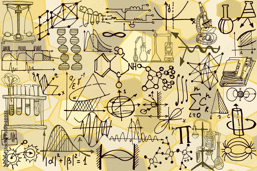 Vector seamless pattern with sketch elements related to science or education. Physics or chemistry abstract background with parts of decorative lab tools and diagrams. Hand drawn.