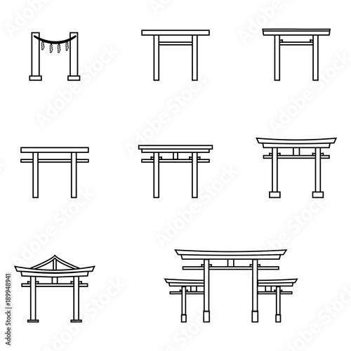 Vector Set of Outline Torii Gate Icons. Symbol of Shintoism