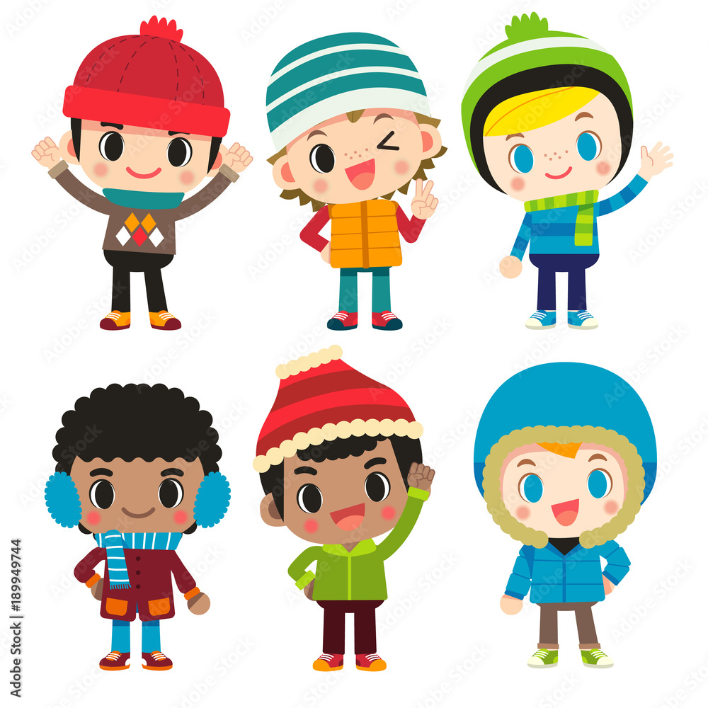 Vector set of cute boy characters in different winter clothing isolated on white background. Vector set of cute boy characters in different winter clothing isolated on white background.
