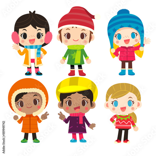 Vector set of cute girl characters in different winter clothing isolated on white background.