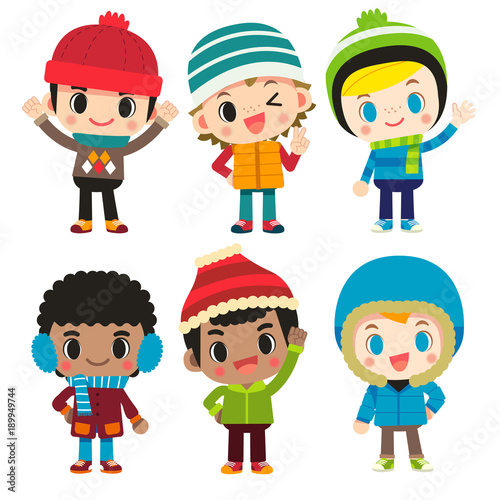Vector set of cute boy characters in different winter clothing isolated on white background.