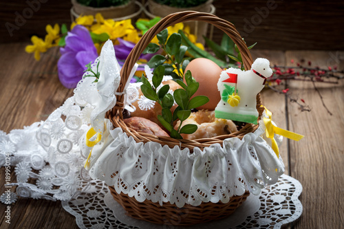 Traditional Easter basket with food.