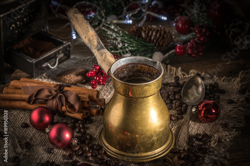 Turkish coffee in copper coffe pot