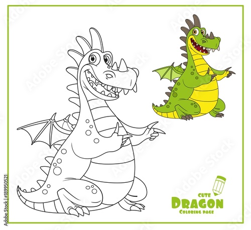 Cheerful dragon with little wings points aside color and outlines for coloring isolated on white background