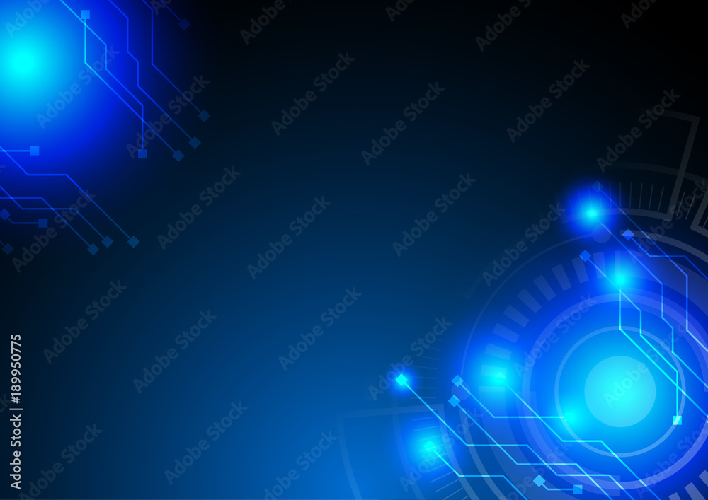 Vector technology concept, Blue wisps with circuit lines on dark background