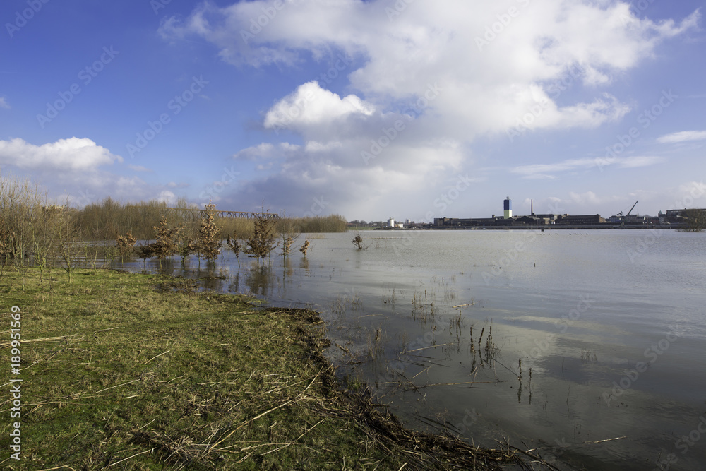 River Rhine with High Tide at Duisburg-Rheinhausen / Germany