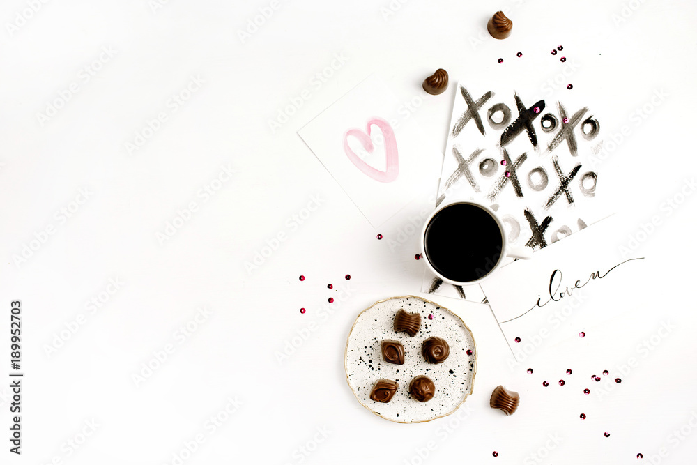 Watercolor postcards, coffee and sweets. Flat lay, top view Valentine's Day or Love composition. Watercolor postcards, coffee and sweets. Flat lay, top view Valentine's Day or Love composition.