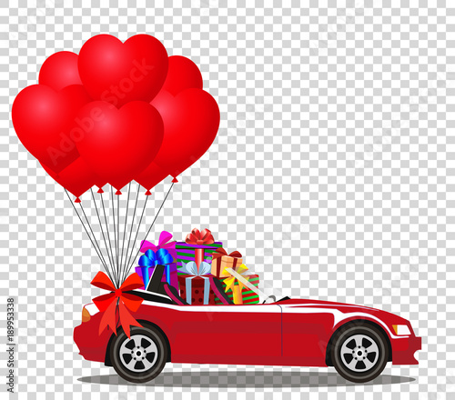 Red cabriolet car full of gifts and bunch of red heart balloons