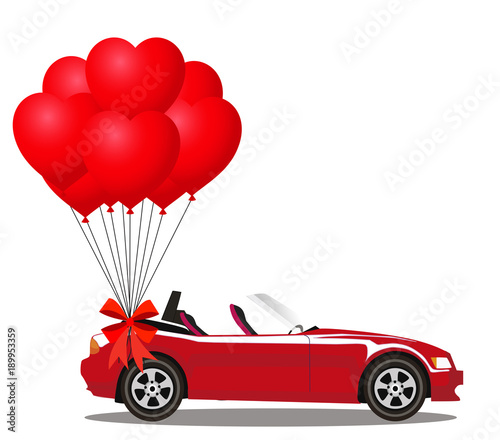 Red modern opened cabriolet car with bunch of red  balloons