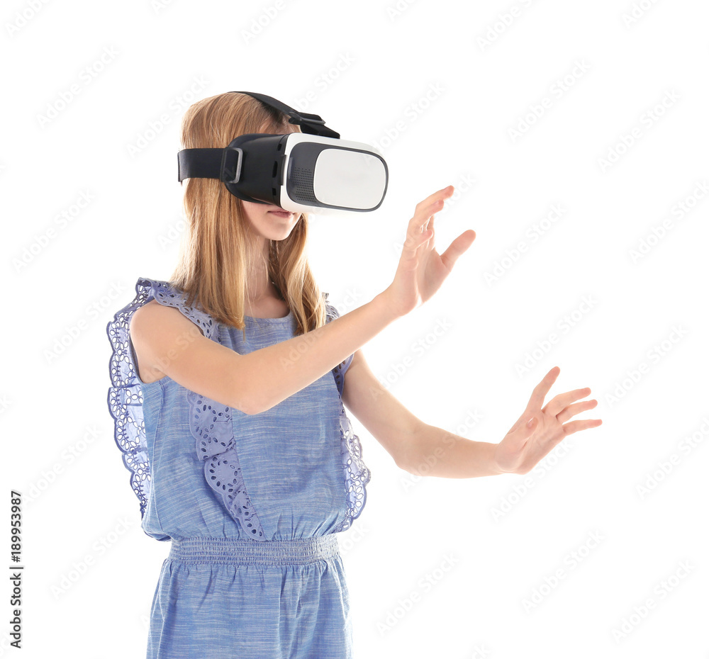Teenage girl with virtual reality headset on white background Teenage girl with virtual reality headset on white background