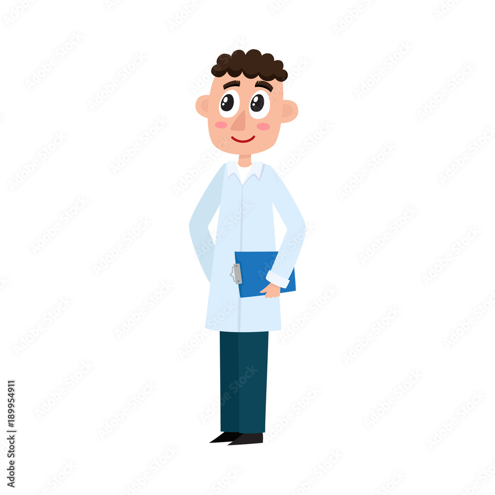 vector flat cartoon adult male doctor, physician wearing white medical gown clothing holding clipboard and sthetoscope smiling. Isolated illustration on a white background. vector flat cartoon adult male doctor, physician wearing white medical gown clothing holding clipboard and sthetoscope smiling. Isolated illustration on a white background.