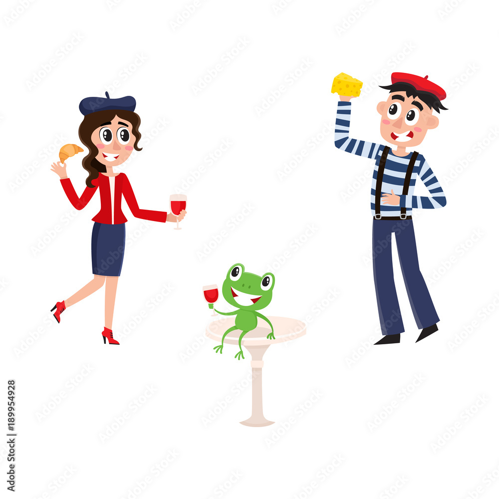 Vector Flat French Parisian Culture Traditional People Woman In Beret Eats Croissant Drinking Wine With Frog Man In Pants On Suspenders Eats Cheese Isolated Illustration White Background Stock Vector Adobe Stock