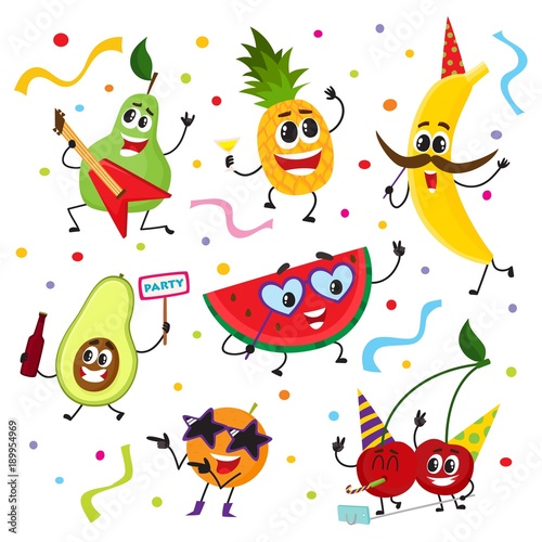 Set of fruit characters having fun at birthday party, dancing, singing, making selfie, cute cartoon vector illustration isolated on white background. Set of funny fruit characters having party
