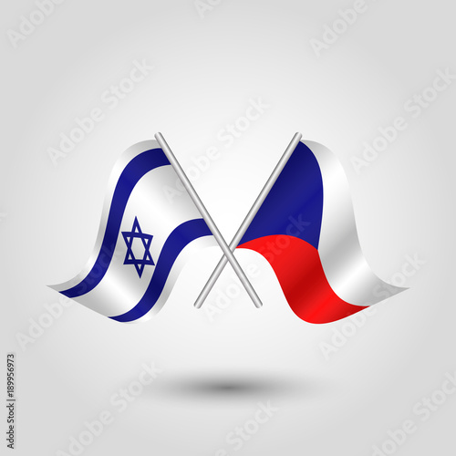 vector two crossed israeli and czech flags on silver sticks - symbol of israel and czech republic