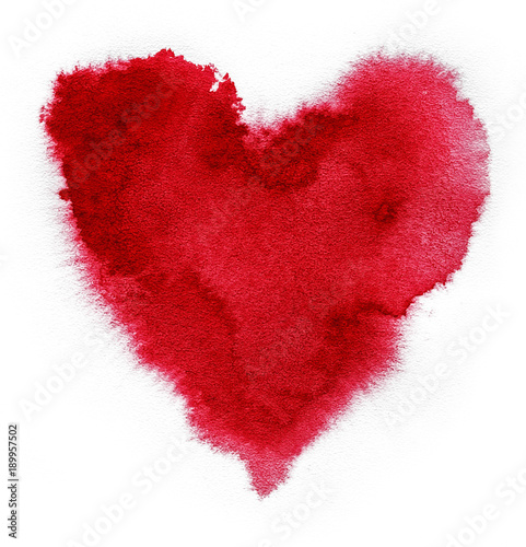 Red heart. Watercolor in shape of heart. Red spot on watercolor paper. Heart red spot on white background. Ink drop.