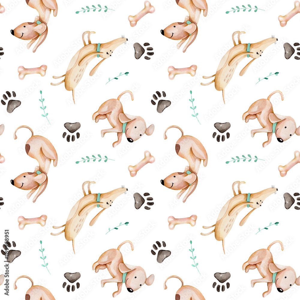 Watercolor cute funny dogs, dog track and green branches seamless pattern, hand drawn isolated on a white background