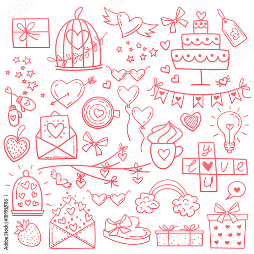 Sketchy vector hand drawn doodles cartoon set of Love and Valentine s Day objects and symbols