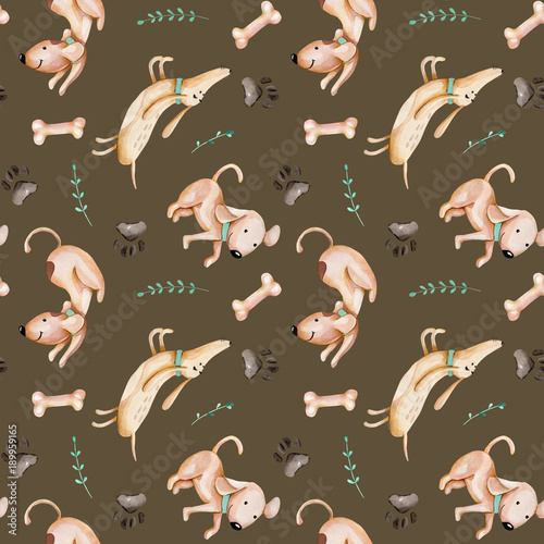 Watercolor cute funny dogs, dog track and green branches seamless pattern, hand drawn isolated on a brown background