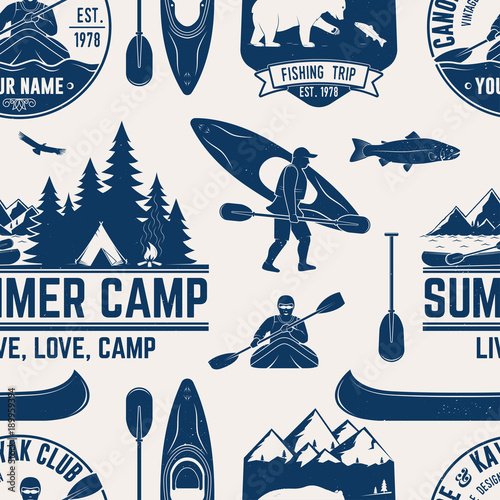 Canoe, Kayak and fishing Club seamless pattern.