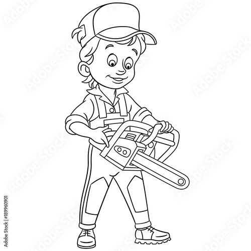 Coloring page. Cartoon Lumberjack with petrol chain saw. Design for kids coloring book.