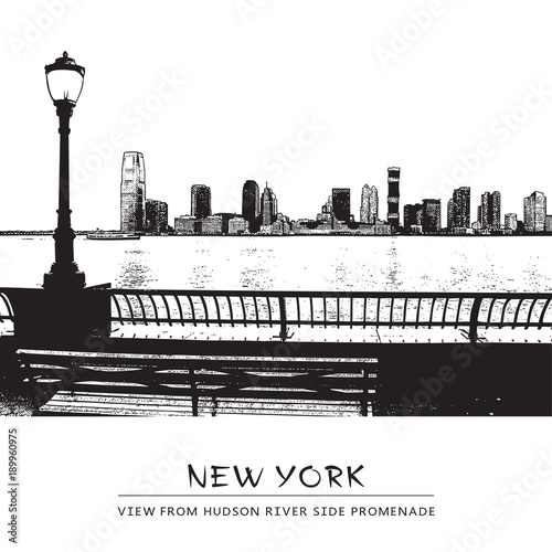 Vector landscape with a park, river side promenade, Jersey City skyline and silhouettes of street lamp. View from Manhattan embankment, New York City, USA